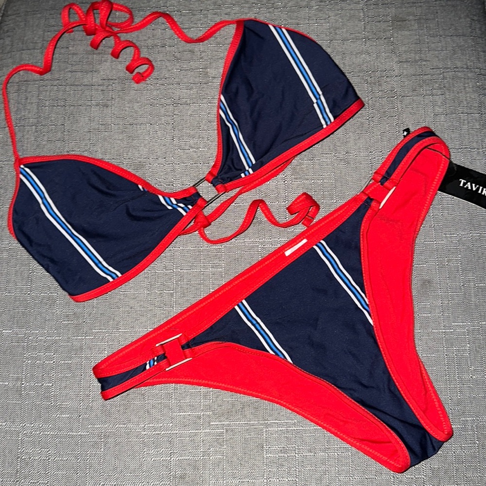 New Tavik Swim Top And Bottom Print Evening Blue Stripe Size Large